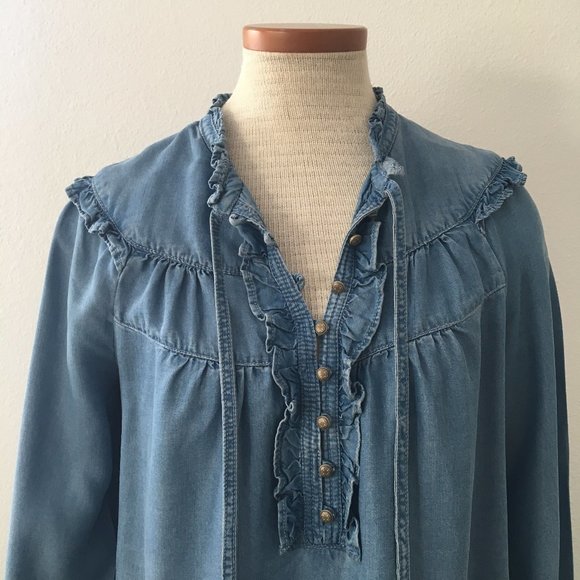 Anthro: Maeve Denim Pilcro Chambray Ruffle Blouse - Picture 2 of 6